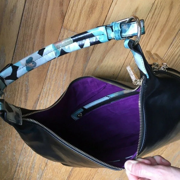 Jack French London Black Leather Shoulder Bag Expandable Purse Floral - Picture 4 of 6